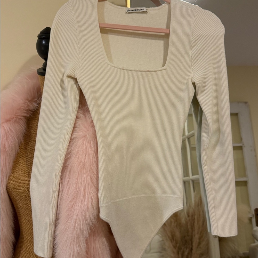 Abercrombie & Fitch Cream Ribbed Square-Neck Bodysuit